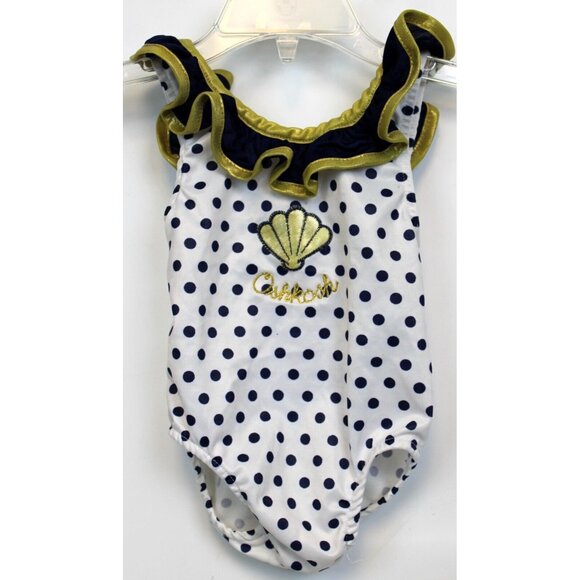 Vtg 90s OshKosh Swim suit Bathing Navy Polka Dot Ruffled Collar Baby Girl 12M US